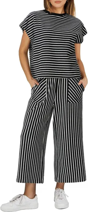 2 Piece Sets for Women Summer Outfits Short Sleeve Top Wide Leg Crop Pants Womens Matching Sets for Travel Vacation