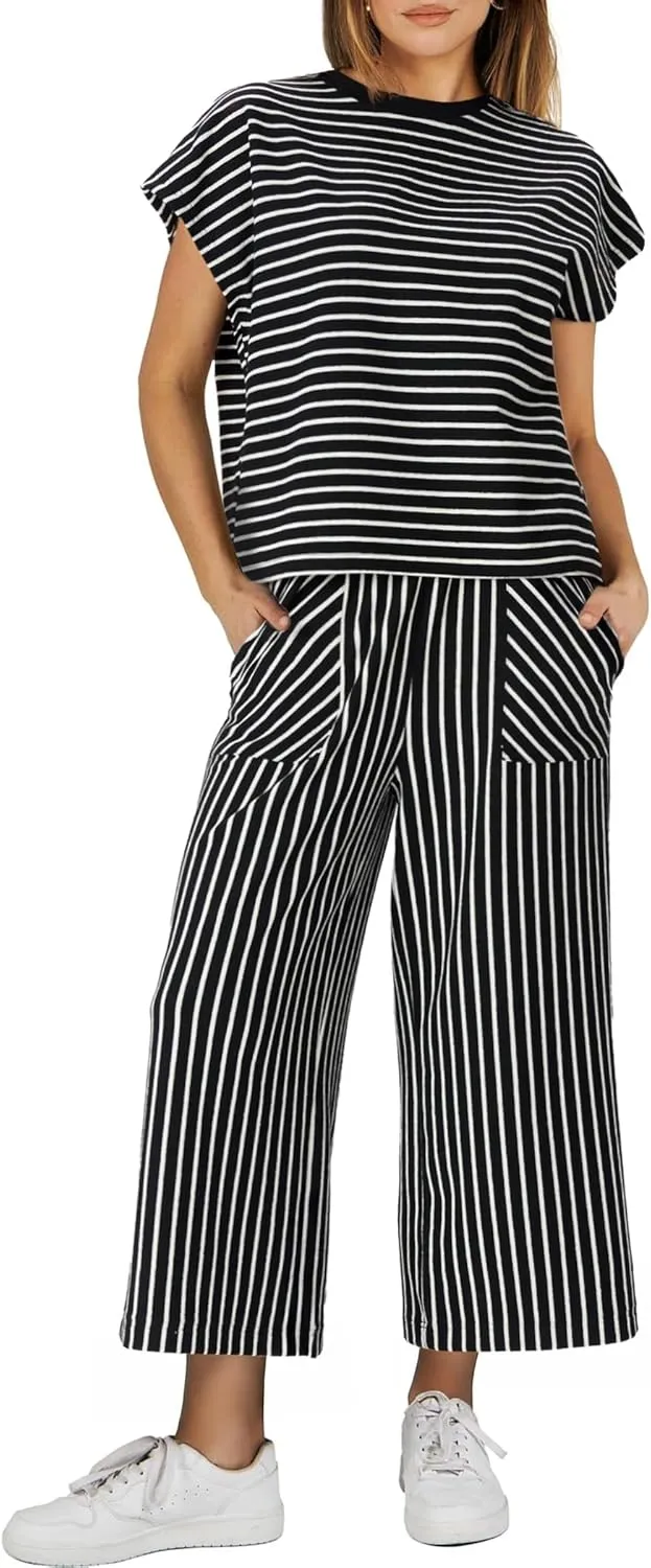2 Piece Sets for Women Summer Outfits Short Sleeve Top Wide Leg Crop Pants Womens Matching Sets for Travel Vacation