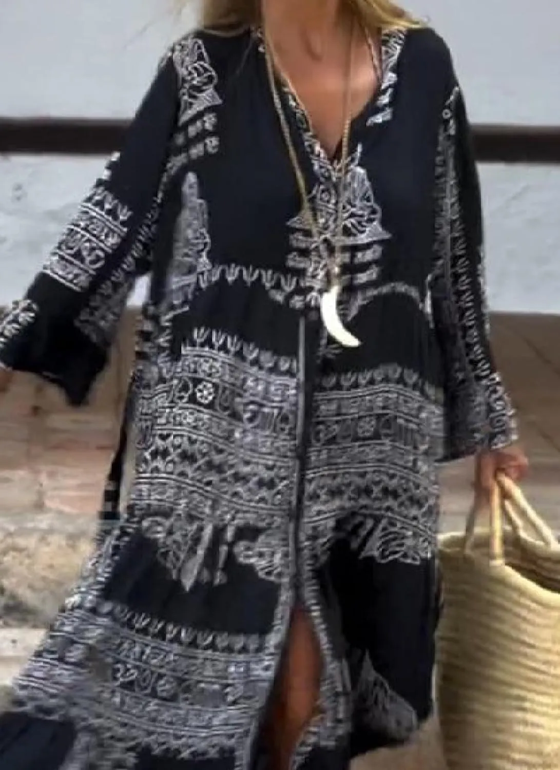 2025 Womens Maxi Dress Spring Summer V Neck Long Length Bell Sleeve Loose Printed Dress Flowy Kaftan Loungewear