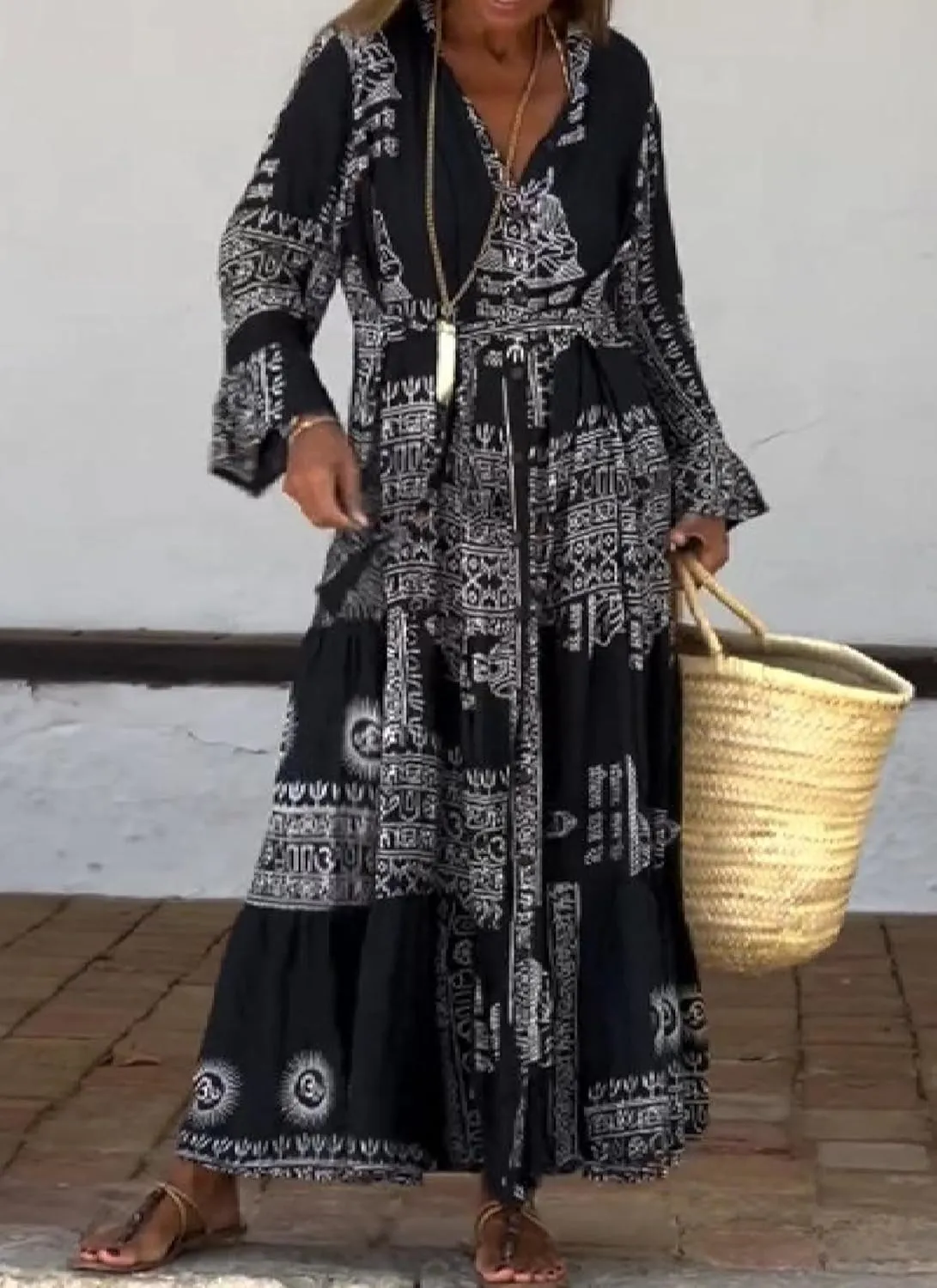 2025 Womens Maxi Dress Spring Summer V Neck Long Length Bell Sleeve Loose Printed Dress Flowy Kaftan Loungewear