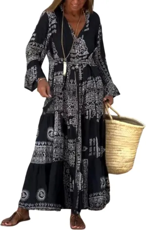 2025 Womens Maxi Dress Spring Summer V Neck Long Length Bell Sleeve Loose Printed Dress Flowy Kaftan Loungewear