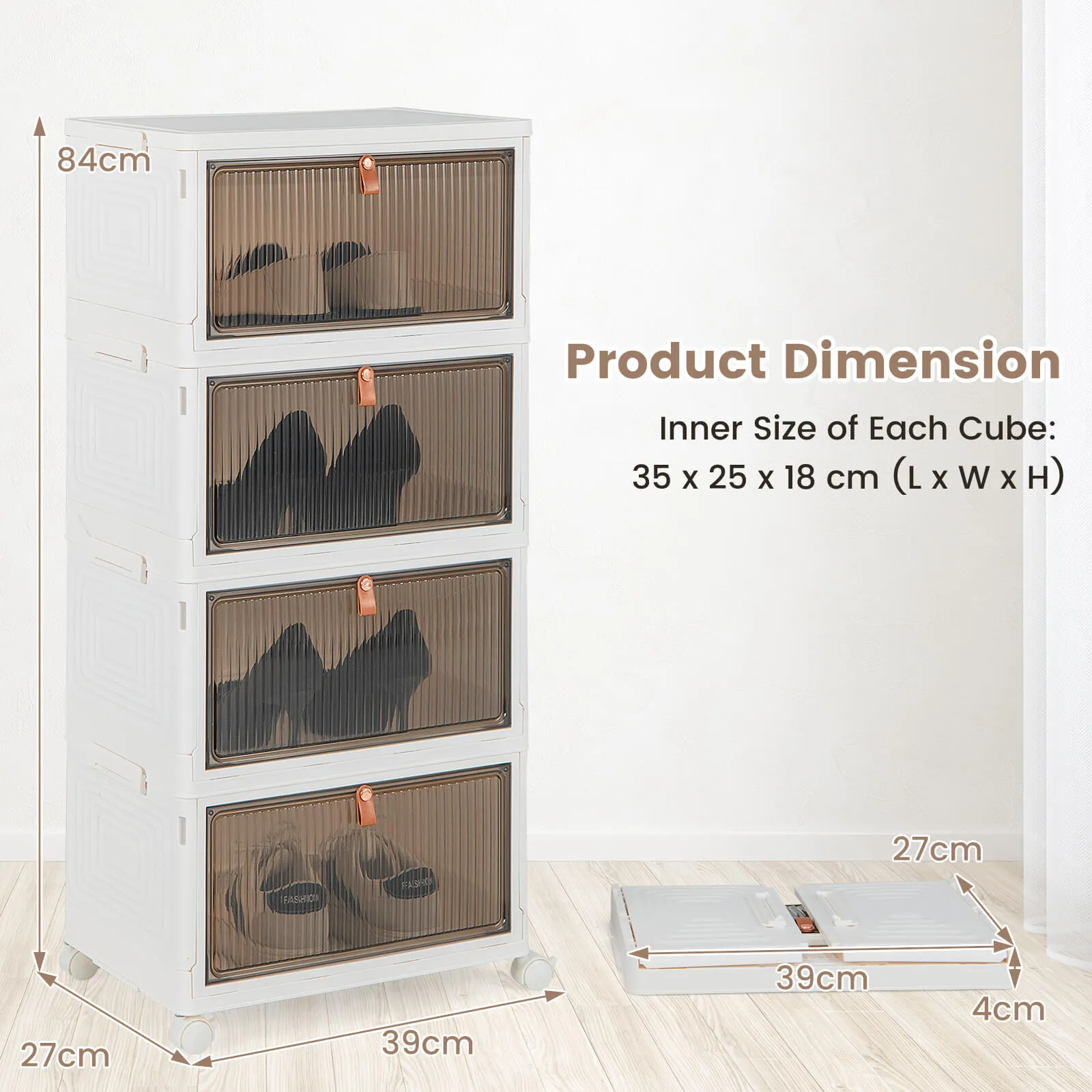 3/4/6-Tier Stackable Shoe Storage Box with Lockable Wheels-4-Tier