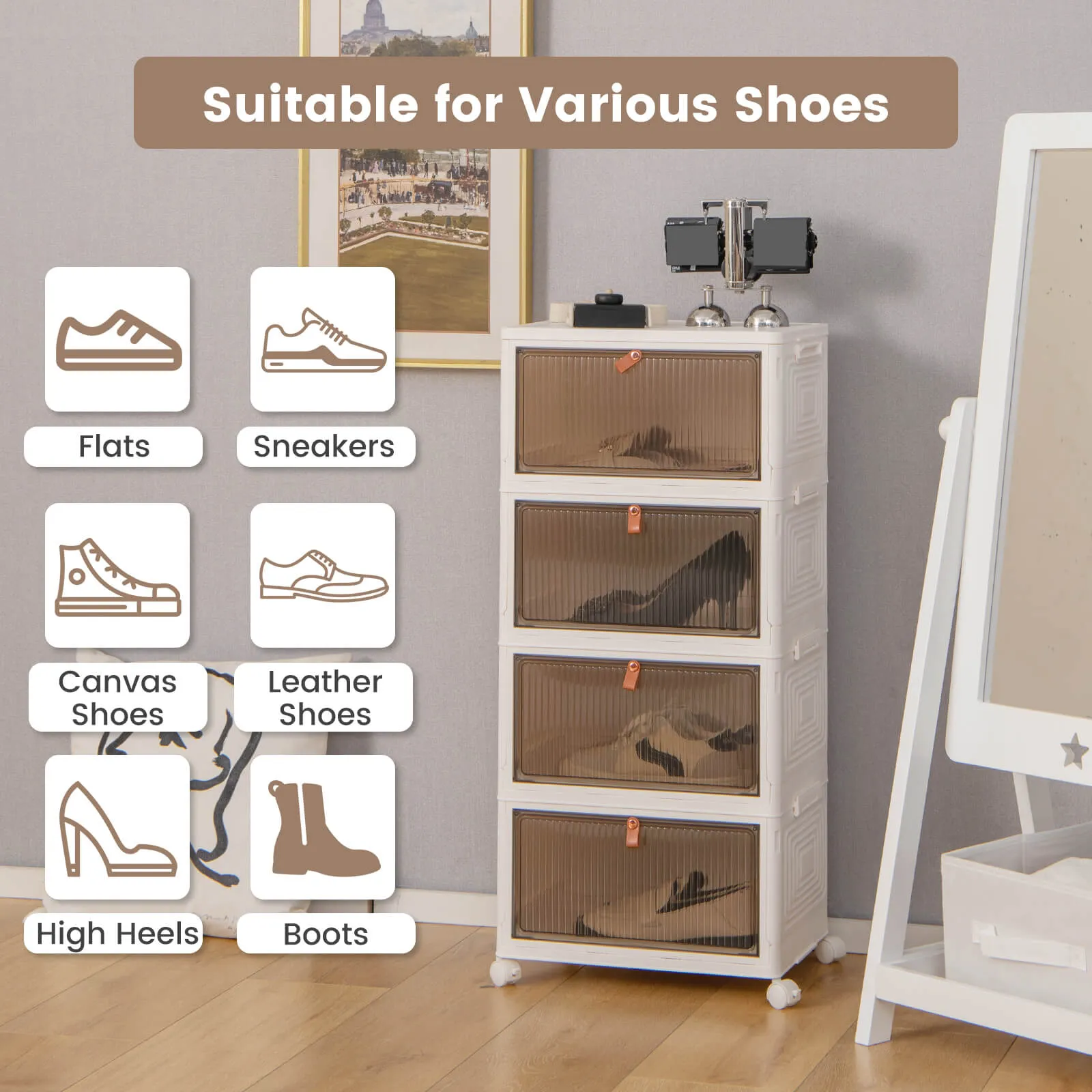 3/4/6-Tier Stackable Shoe Storage Box with Lockable Wheels-4-Tier
