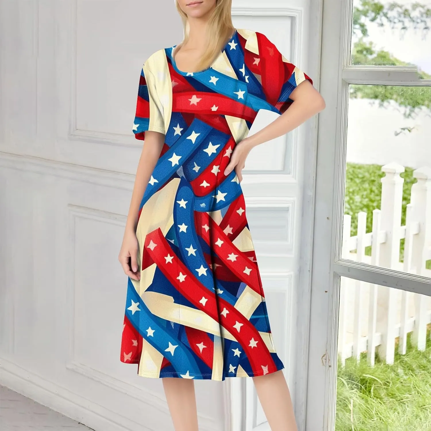 4th July Dresses Plus Size Women's Casual Comfy Fashion Round Neck Short Sleeve Print Midi Dress