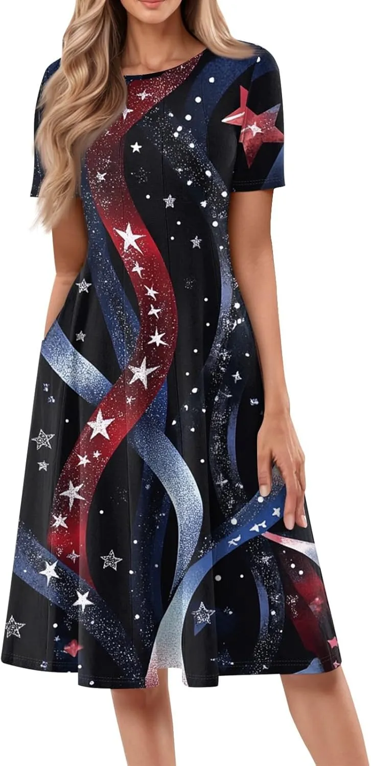 4th July Dresses Plus Size Women's Casual Comfy Fashion Round Neck Short Sleeve Print Midi Dress