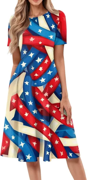 4th July Dresses Plus Size Women's Casual Comfy Fashion Round Neck Short Sleeve Print Midi Dress