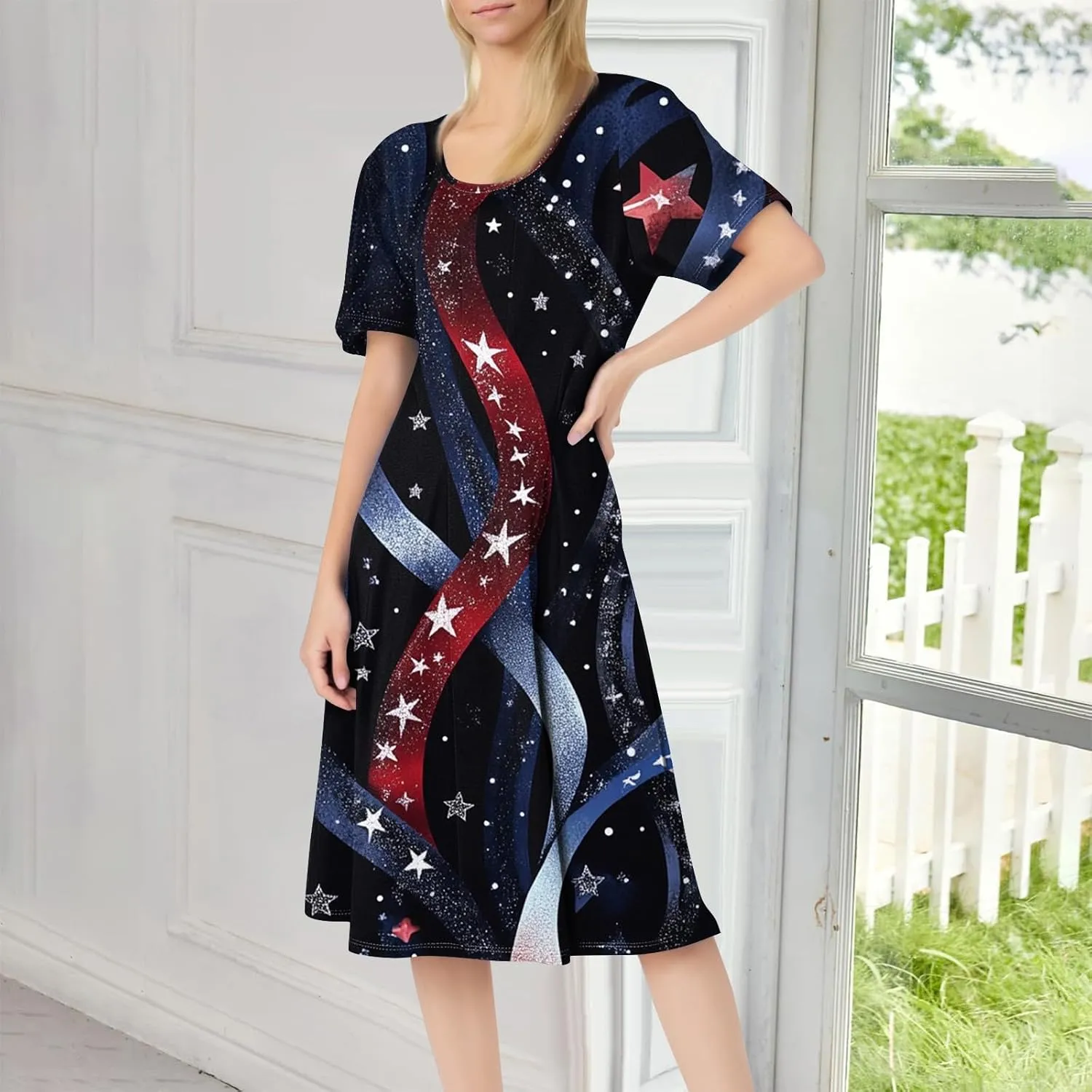 4th July Dresses Plus Size Women's Casual Comfy Fashion Round Neck Short Sleeve Print Midi Dress