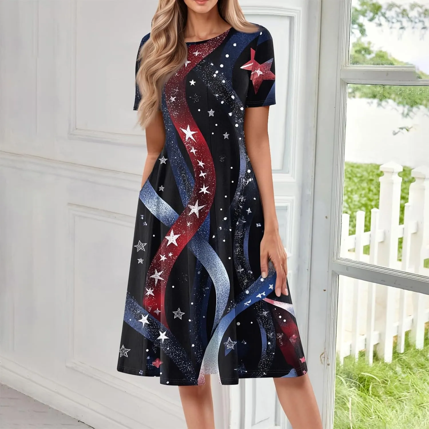 4th July Dresses Plus Size Women's Casual Comfy Fashion Round Neck Short Sleeve Print Midi Dress