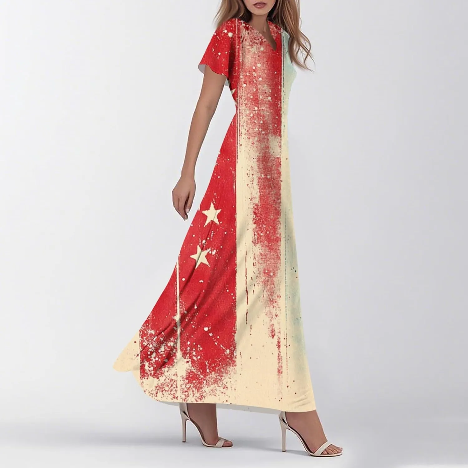 4th of July Dress Women's Summer Casual Fashion Independence Day Printed Outfit V-Neck Short Sleeve Dresses