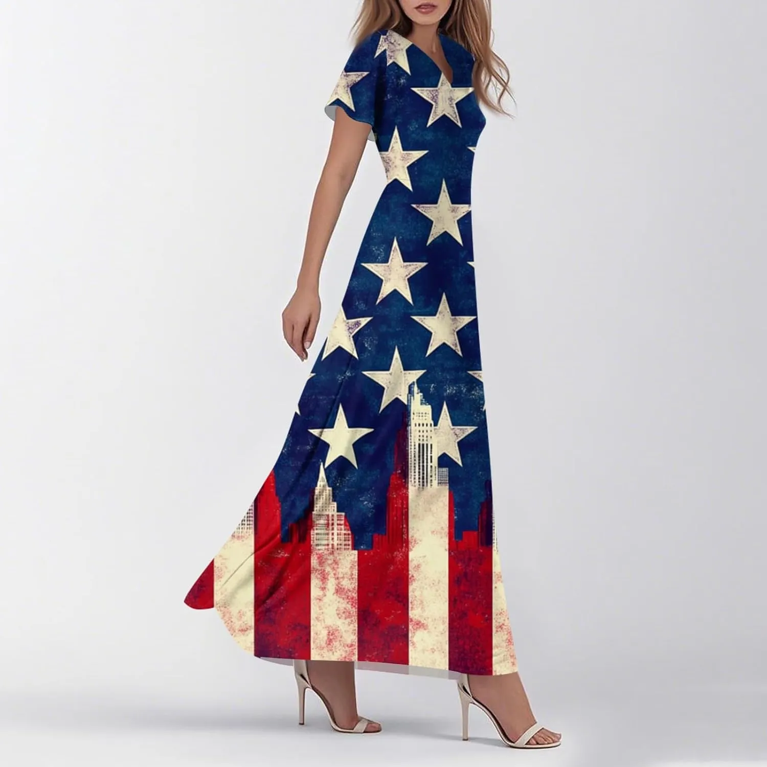 4th of July Dress Women's Summer Casual Fashion Independence Day Printed Outfit V-Neck Short Sleeve Dresses