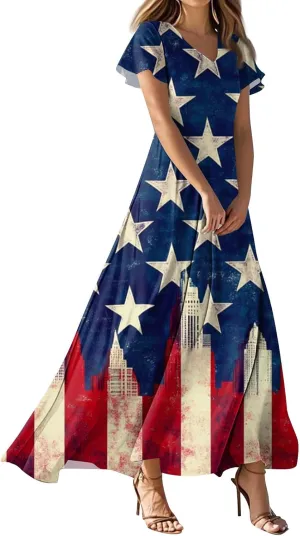 4th of July Dress Women's Summer Casual Fashion Independence Day Printed Outfit V-Neck Short Sleeve Dresses
