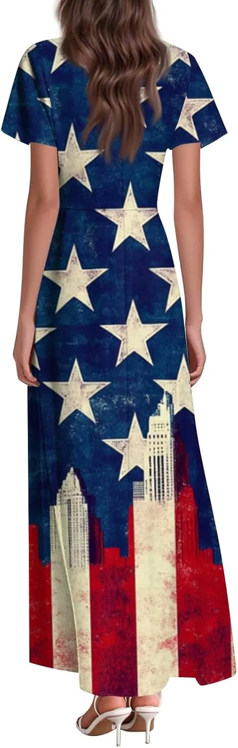 4th of July Dress Women's Summer Casual Fashion Independence Day Printed Outfit V-Neck Short Sleeve Dresses