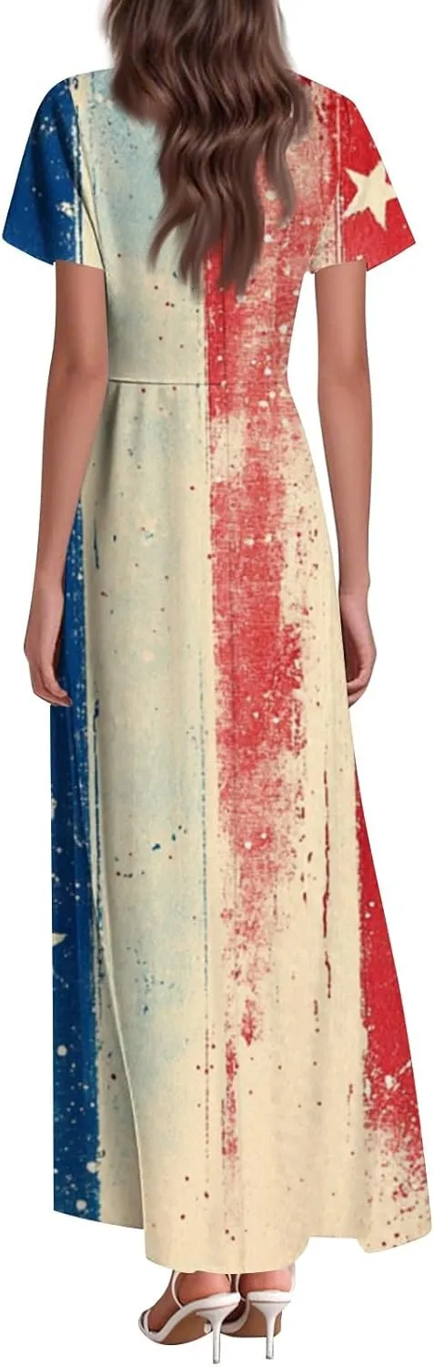 4th of July Dress Women's Summer Casual Fashion Independence Day Printed Outfit V-Neck Short Sleeve Dresses