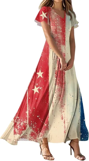 4th of July Dress Women's Summer Casual Fashion Independence Day Printed Outfit V-Neck Short Sleeve Dresses