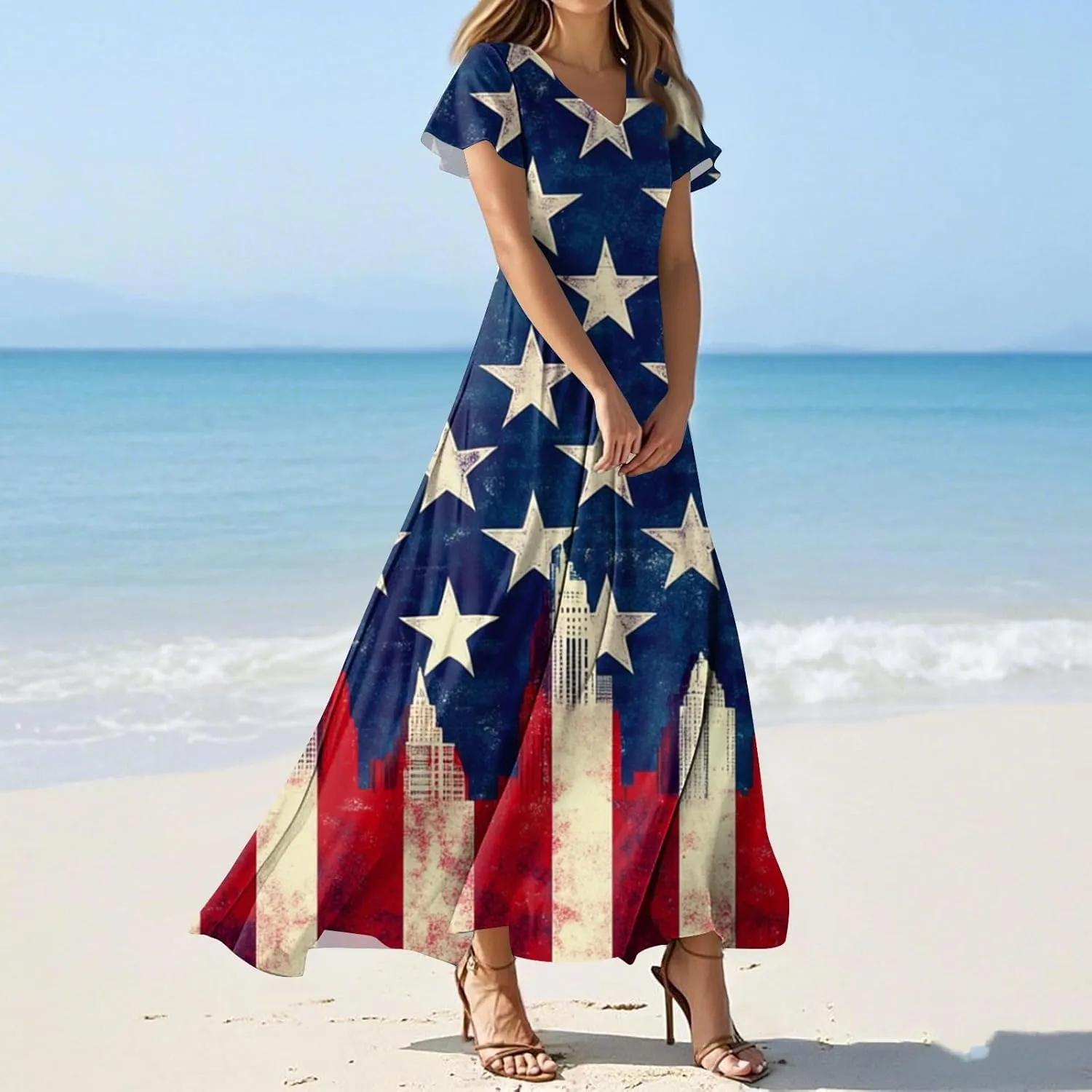4th of July Dress Women's Summer Casual Fashion Independence Day Printed Outfit V-Neck Short Sleeve Dresses