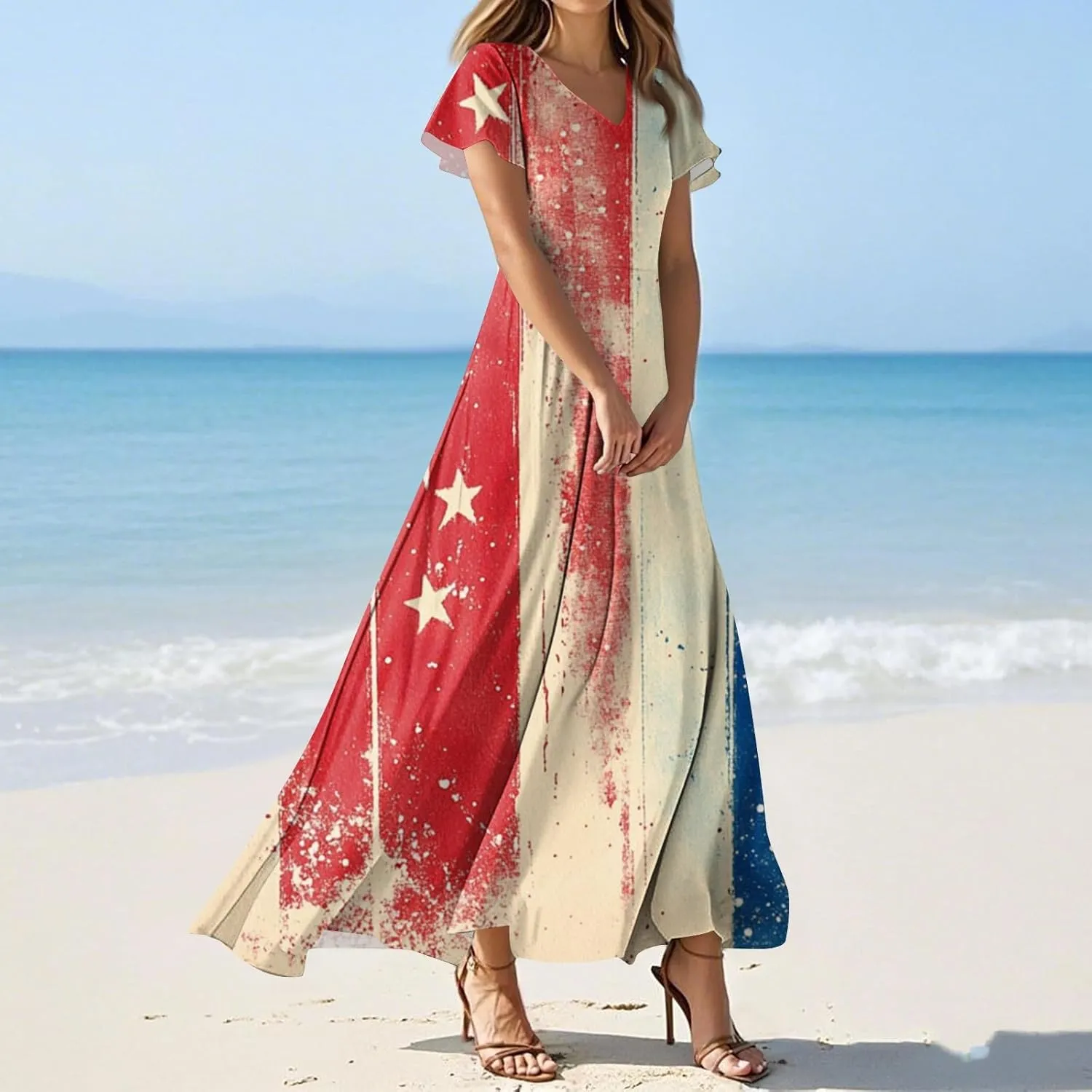 4th of July Dress Women's Summer Casual Fashion Independence Day Printed Outfit V-Neck Short Sleeve Dresses
