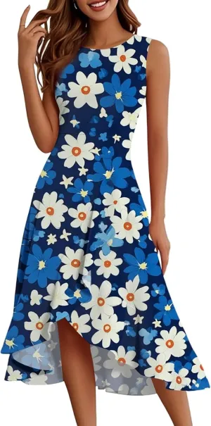 4th of July Dresses Women's Fashion Casual Zipper Sleeveless Round Neck Independence Day Elegant Temperament Ruffle Dresses