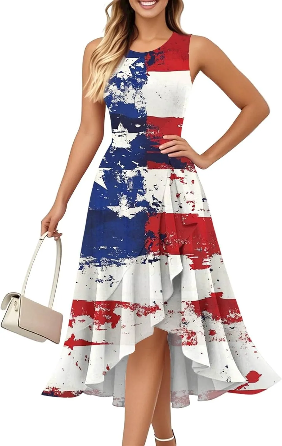 4th of July Dresses Women's Fashion Casual Zipper Sleeveless Round Neck Independence Day Elegant Temperament Ruffle Dresses