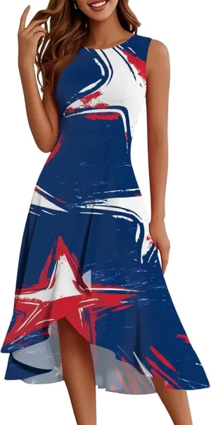 4th of July Dresses Women's Fashion Casual Zipper Sleeveless Round Neck Independence Day Elegant Temperament Ruffle Dresses