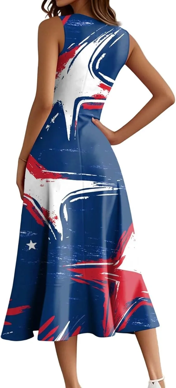 4th of July Dresses Women's Fashion Casual Zipper Sleeveless Round Neck Independence Day Elegant Temperament Ruffle Dresses