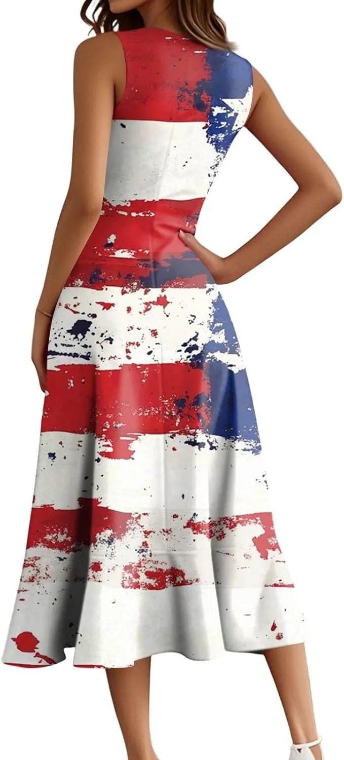 4th of July Dresses Women's Fashion Casual Zipper Sleeveless Round Neck Independence Day Elegant Temperament Ruffle Dresses