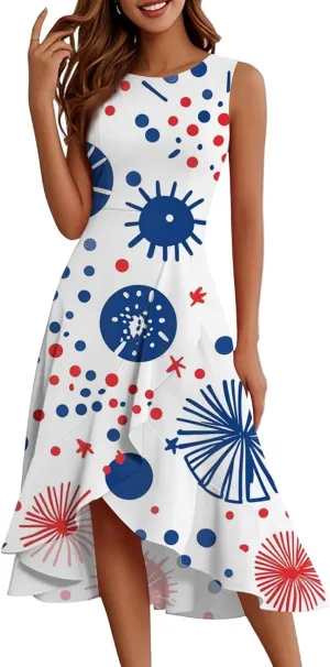 4th of July Dresses Women's Fashion Casual Zipper Sleeveless Round Neck Independence Day Elegant Temperament Ruffle Dresses