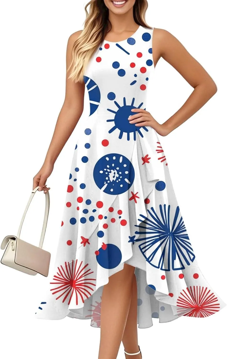 4th of July Dresses Women's Fashion Casual Zipper Sleeveless Round Neck Independence Day Elegant Temperament Ruffle Dresses