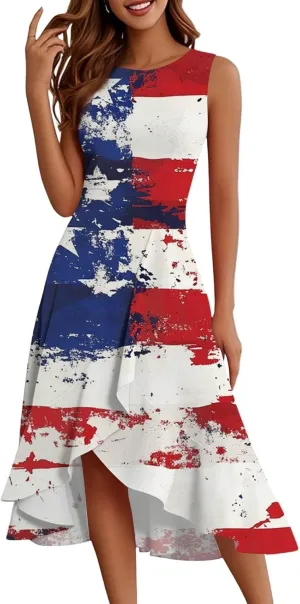 4th of July Dresses Women's Fashion Casual Zipper Sleeveless Round Neck Independence Day Elegant Temperament Ruffle Dresses