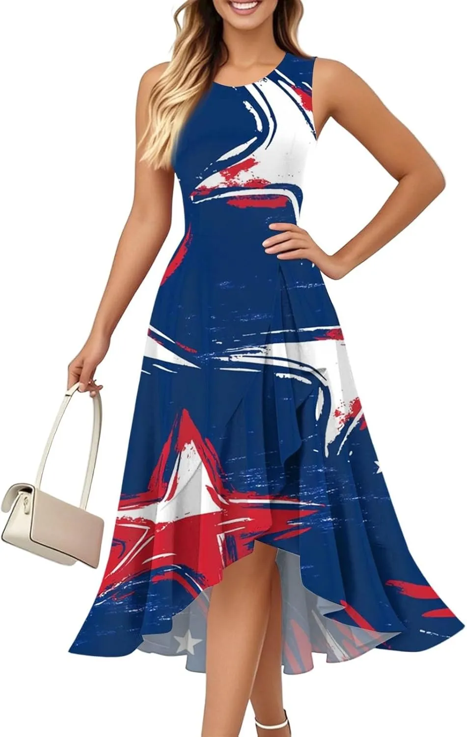 4th of July Dresses Women's Fashion Casual Zipper Sleeveless Round Neck Independence Day Elegant Temperament Ruffle Dresses