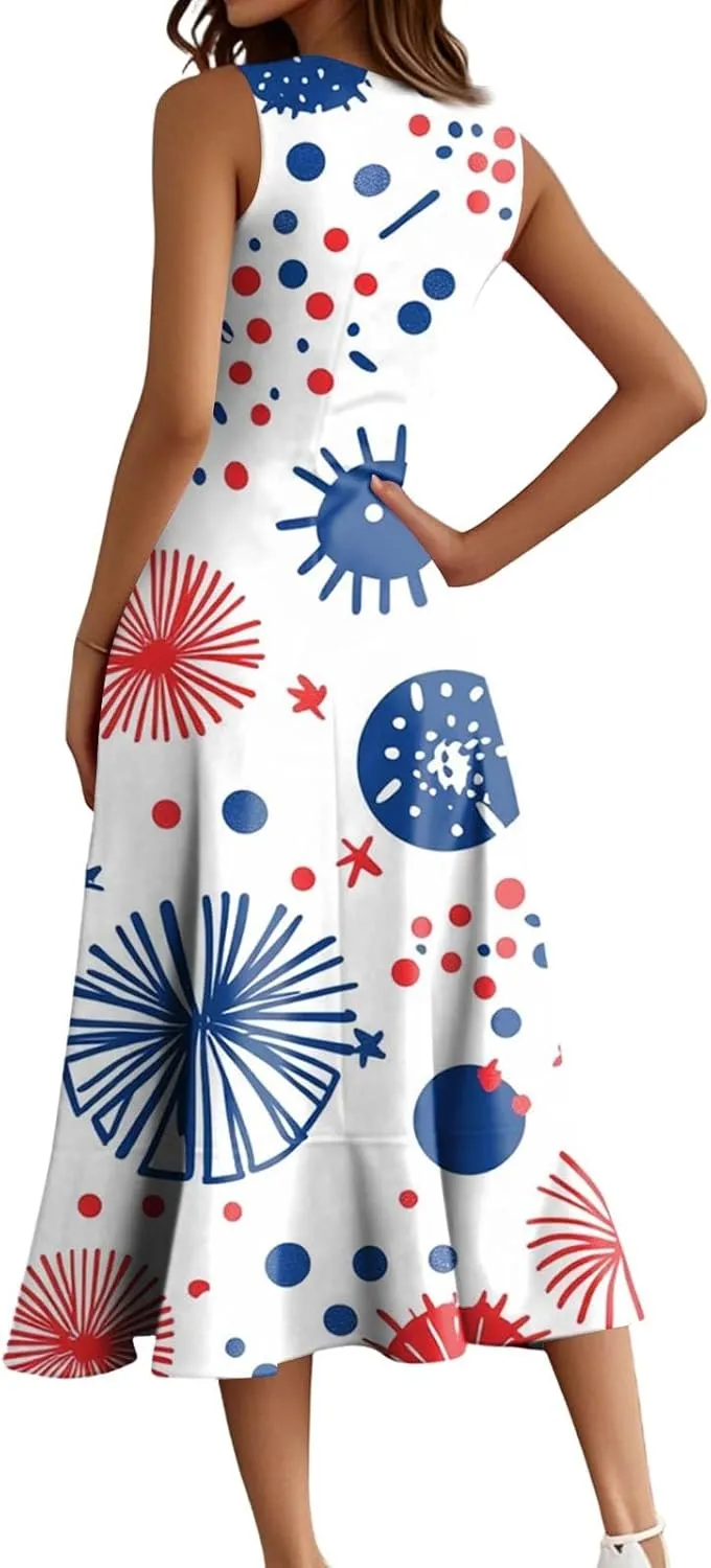 4th of July Dresses Women's Fashion Casual Zipper Sleeveless Round Neck Independence Day Elegant Temperament Ruffle Dresses