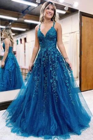 A-Line V Neck Tulle Lace Long Prom Dress Blue Tulle Lace Evening Dress TP1196