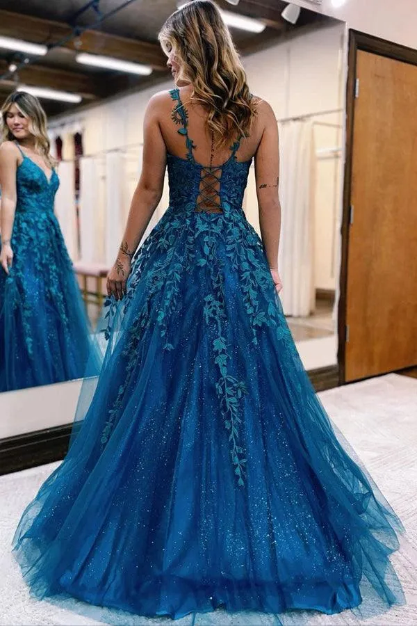 A-Line V Neck Tulle Lace Long Prom Dress Blue Tulle Lace Evening Dress TP1196