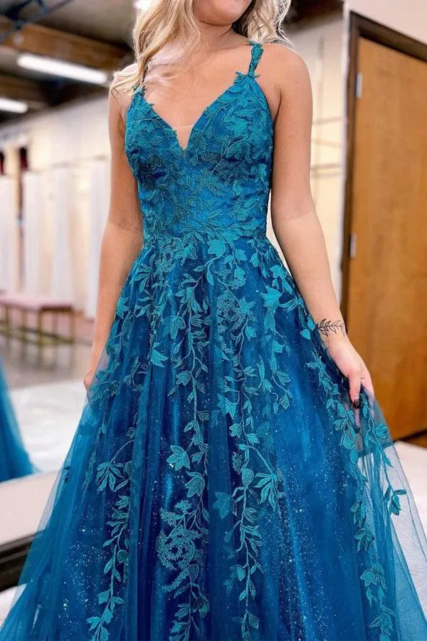 A-Line V Neck Tulle Lace Long Prom Dress Blue Tulle Lace Evening Dress TP1196