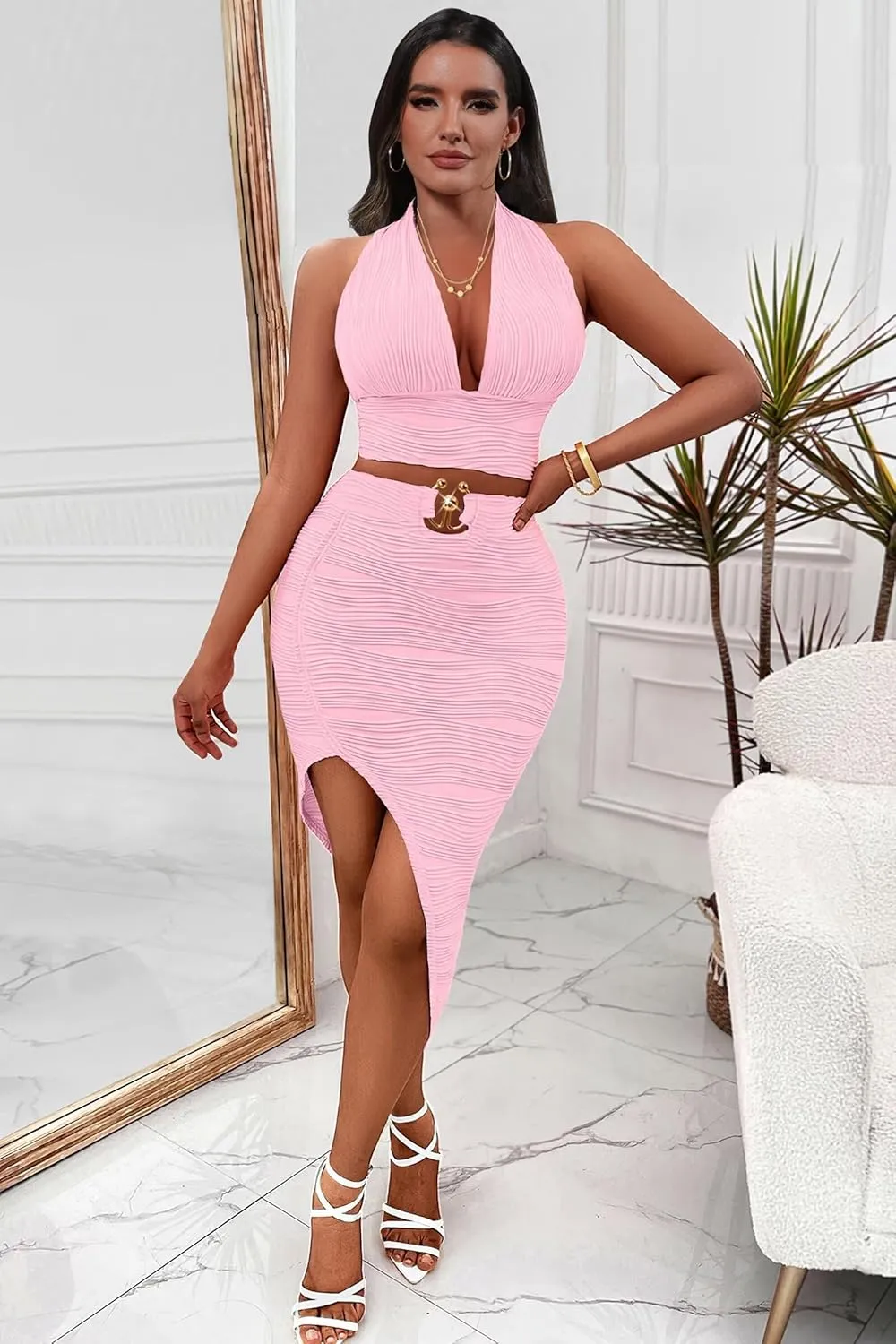 Adogirl Women Two Piece Skirt Outfits Sexy Halter V Neck Backless Crop Top Bodycon Irregular Skirt Set Night Out Dresses