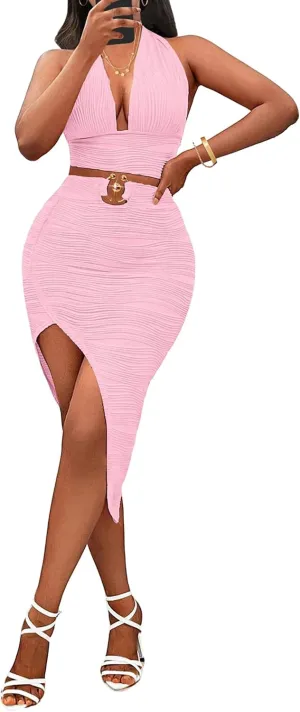 Adogirl Women Two Piece Skirt Outfits Sexy Halter V Neck Backless Crop Top Bodycon Irregular Skirt Set Night Out Dresses