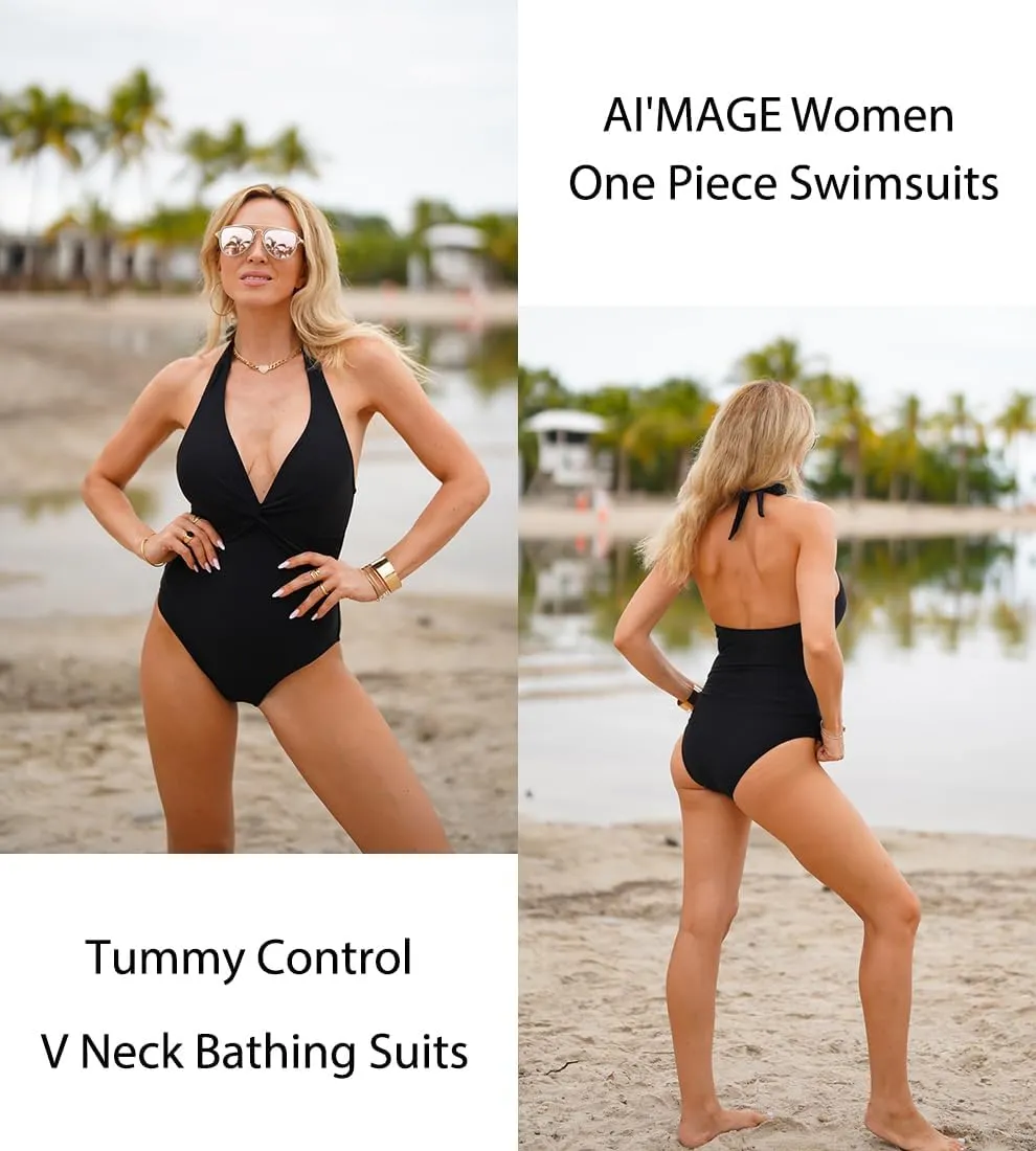 AI'MAGE Women's One Piece Swimsuits V Neck Tummy Control High Waisted Bathing Suit Halter Top Swimwear