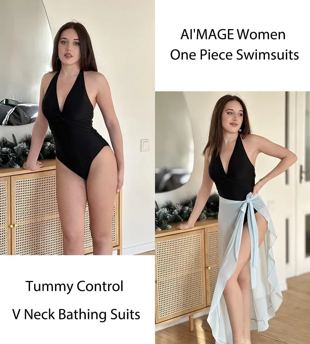 AI'MAGE Women's One Piece Swimsuits V Neck Tummy Control High Waisted Bathing Suit Halter Top Swimwear