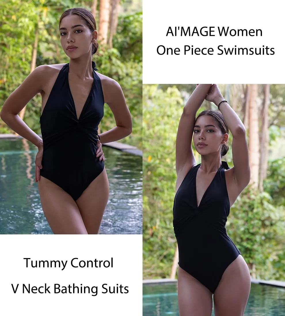 AI'MAGE Women's One Piece Swimsuits V Neck Tummy Control High Waisted Bathing Suit Halter Top Swimwear
