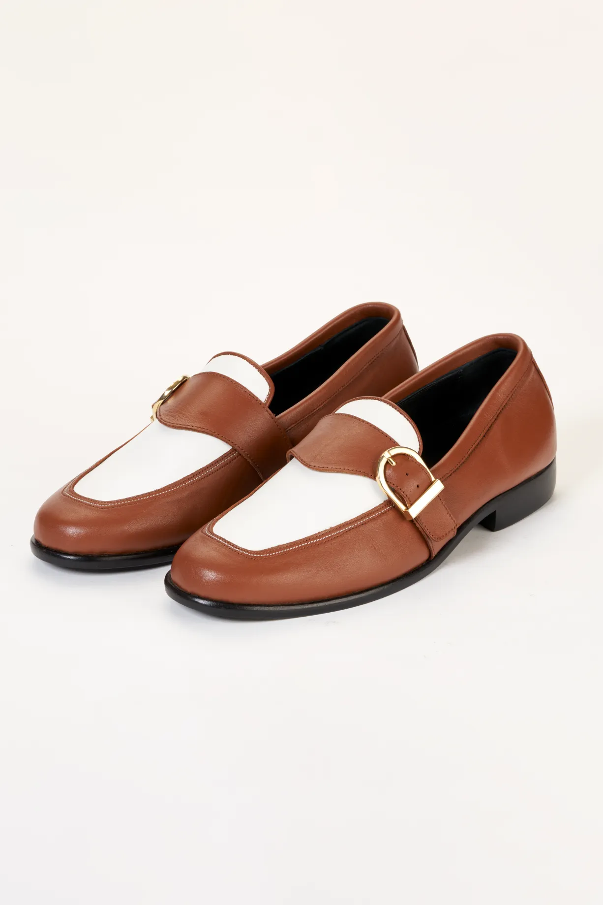 Ajadi Loafers in Brown and White Leather with Brown Strap Buckle