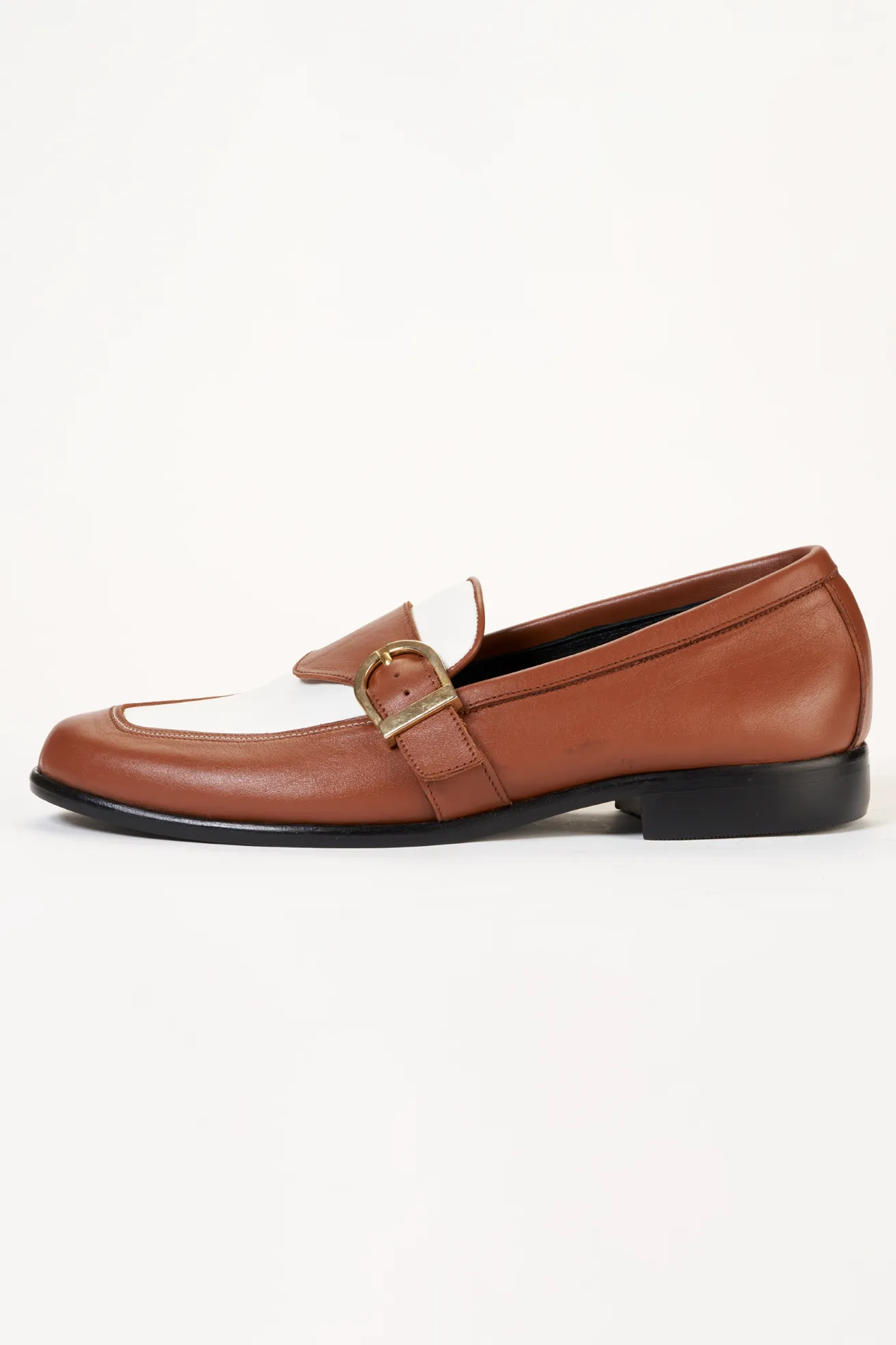 Ajadi Loafers in Brown and White Leather with Brown Strap Buckle