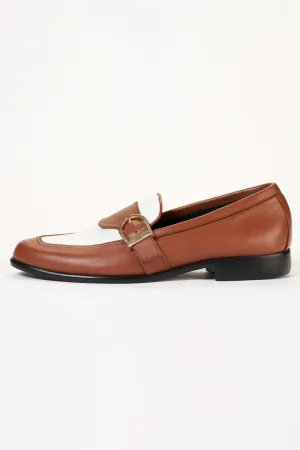 Ajadi Loafers in Brown and White Leather with Brown Strap Buckle