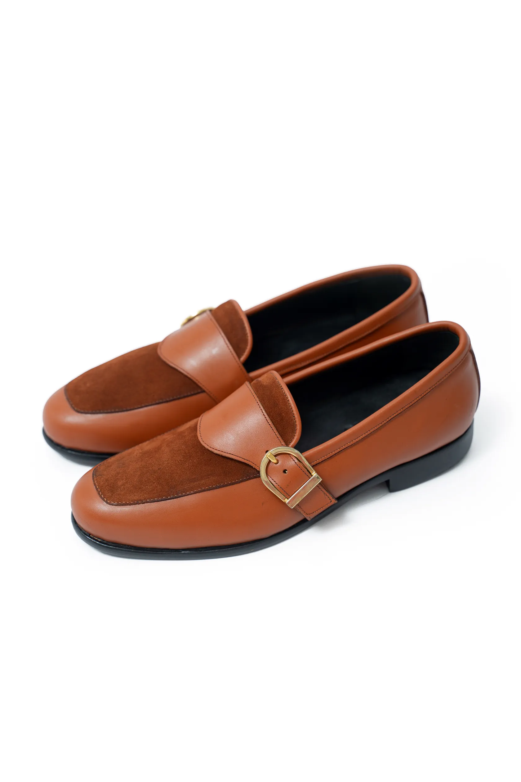 Ajadi Loafers in Brown Leather with Brown Suede and Strap Buckle