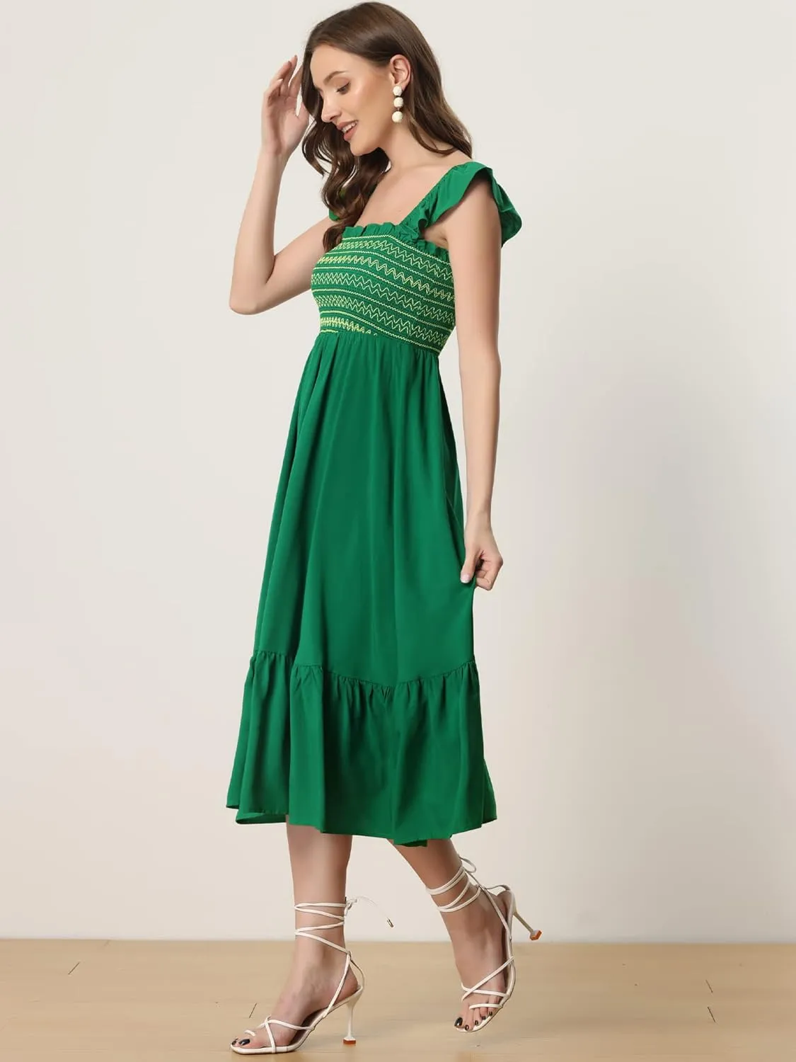 Allegra K Boho Midi Dress for Women's Square Neck Ruffle Tiered Flowy Smocked Sundress