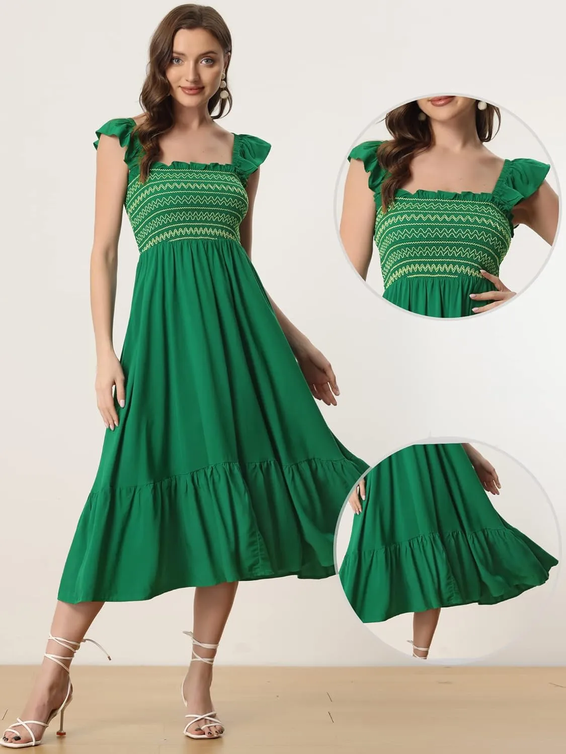 Allegra K Boho Midi Dress for Women's Square Neck Ruffle Tiered Flowy Smocked Sundress