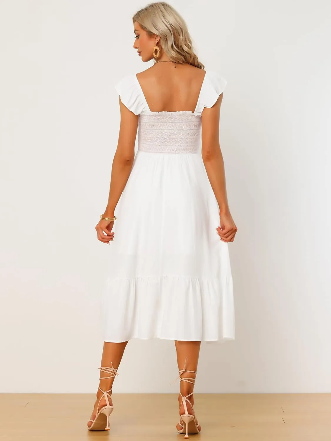 Allegra K Boho Midi Dress for Women's Square Neck Ruffle Tiered Flowy Smocked Sundress