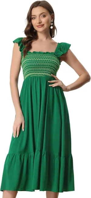 Allegra K Boho Midi Dress for Women's Square Neck Ruffle Tiered Flowy Smocked Sundress