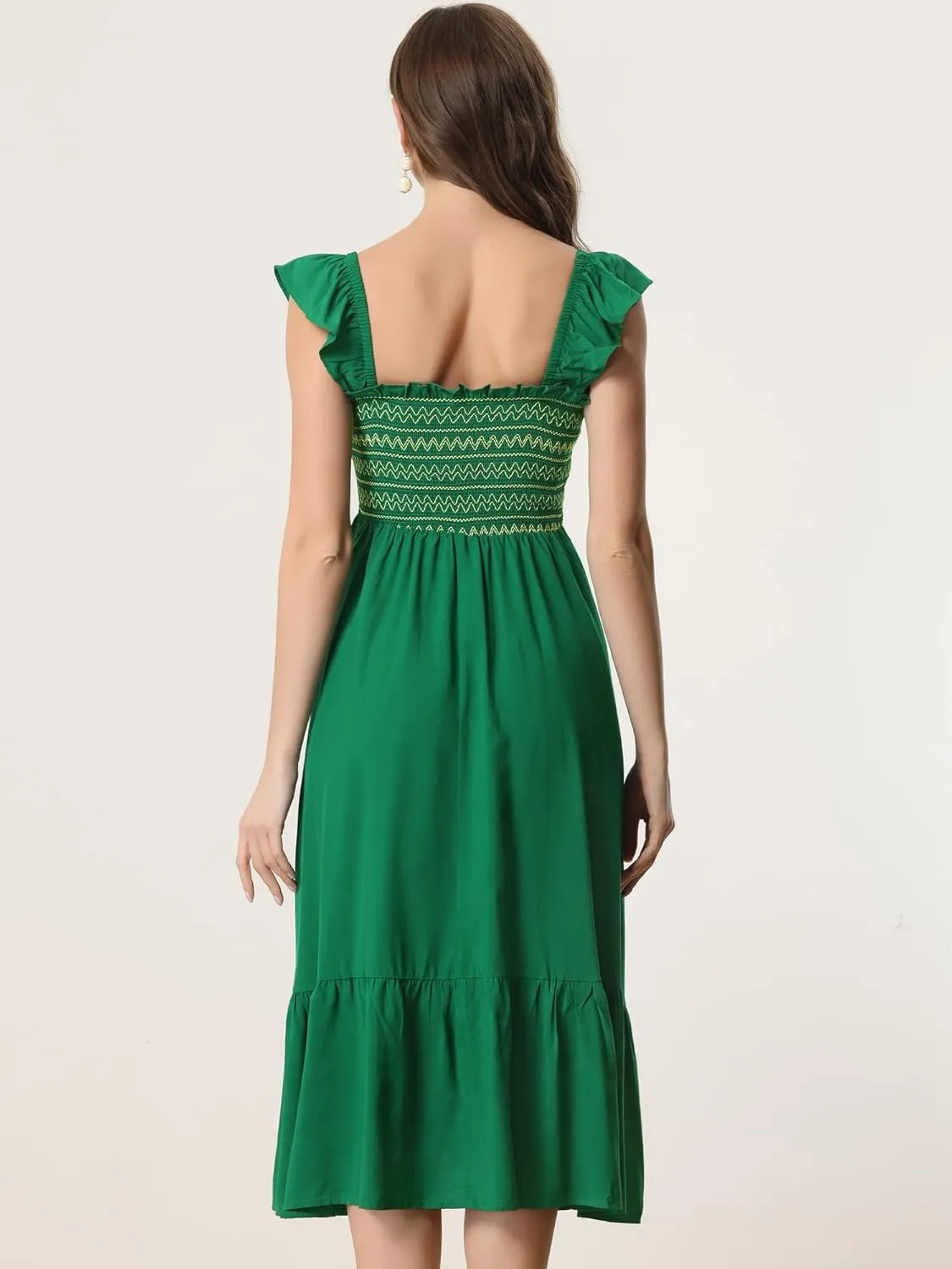 Allegra K Boho Midi Dress for Women's Square Neck Ruffle Tiered Flowy Smocked Sundress