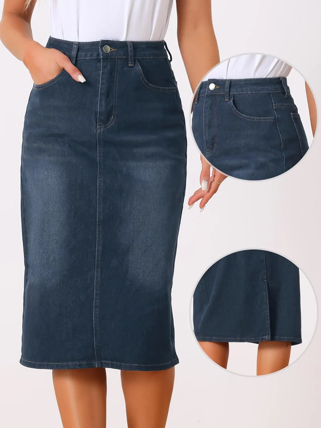Allegra K Casual Denim Skirt for Women's High Waist Split Back Pockets Midi Jean Skirts