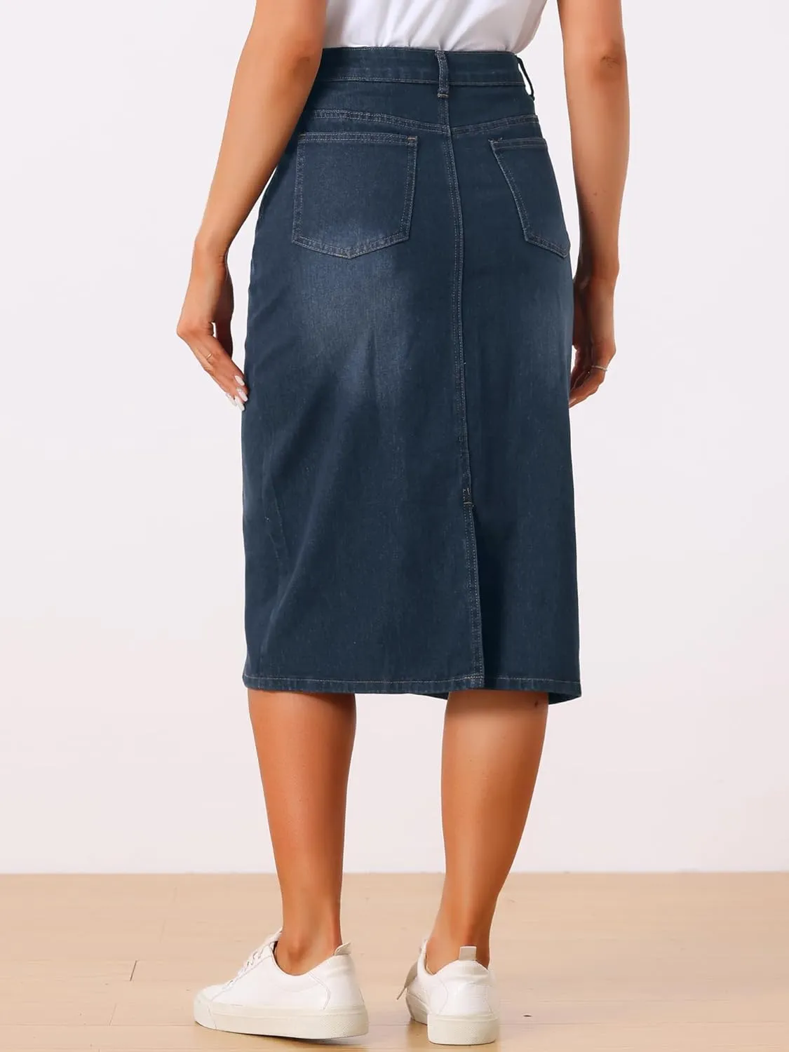 Allegra K Casual Denim Skirt for Women's High Waist Split Back Pockets Midi Jean Skirts