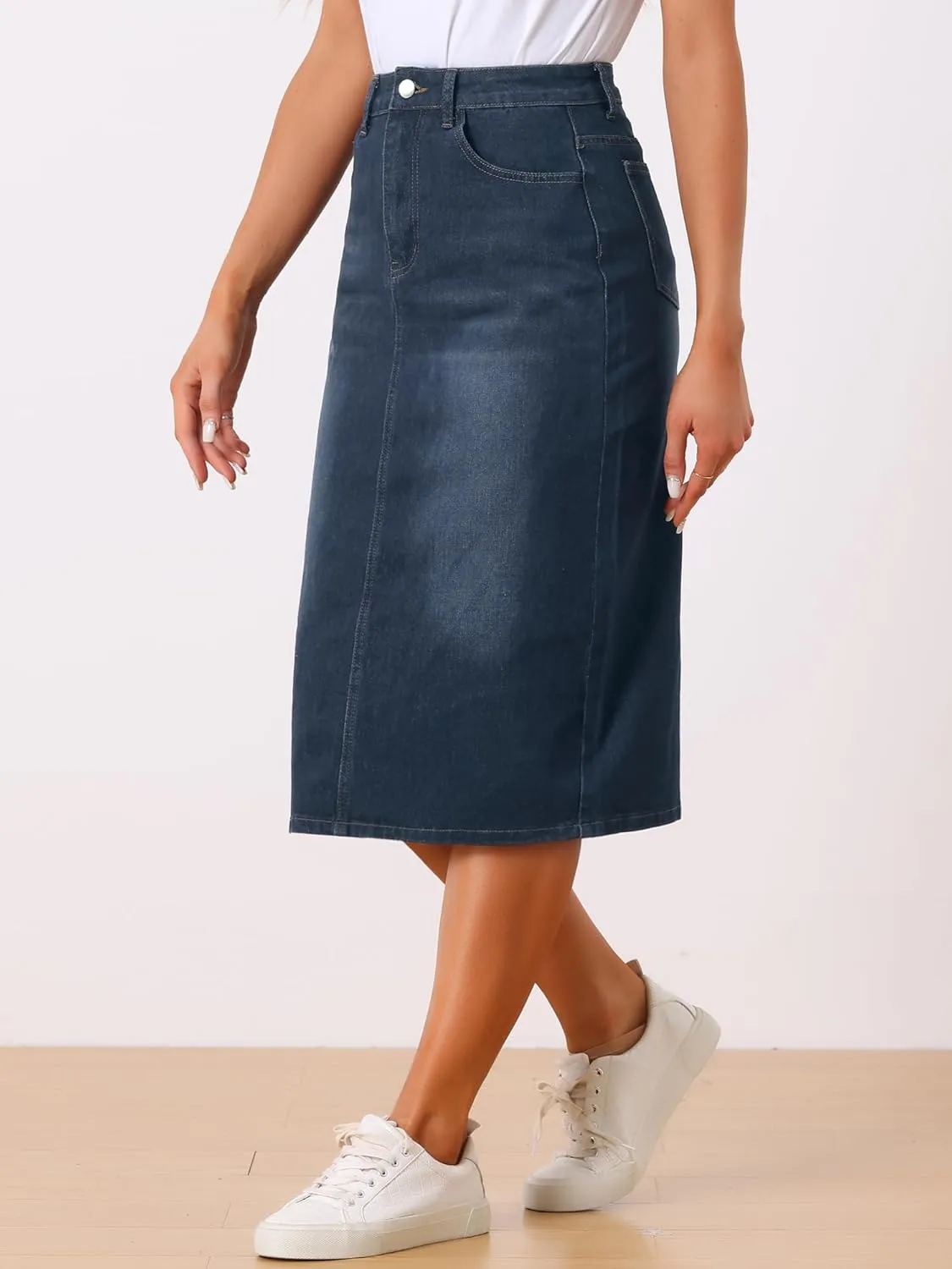 Allegra K Casual Denim Skirt for Women's High Waist Split Back Pockets Midi Jean Skirts